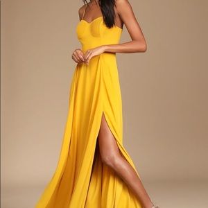 Lulu’s Cause for Commotion Golden Yellow Pleated Bustier Maxi Dress- Sz S